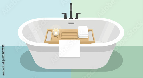 Illustration of a white bathtub with a wooden tray and white towels.