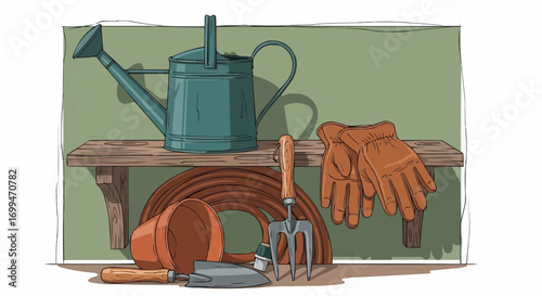 Gardening tools and supplies displayed on a wooden shelf.