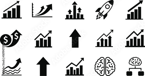 Business growth icons set, bar chart, arrow up, rocket launch, success strategy, financial progress, data analytics, SEO symbols