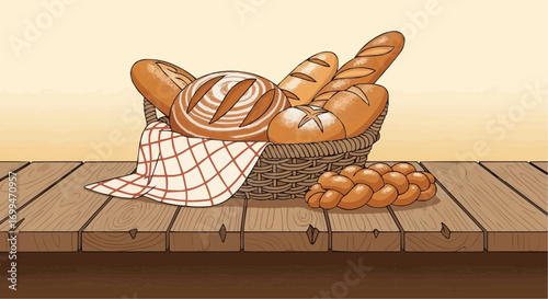 A basket overflowing with various types of freshly baked bread, placed on a wooden table.