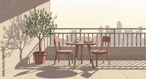 A sunlit balcony with a small table, two chairs, and a potted plant overlooking a city skyline in the distance.