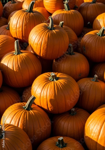 Pile of Ripe Orange Pumpkins in Sunlight