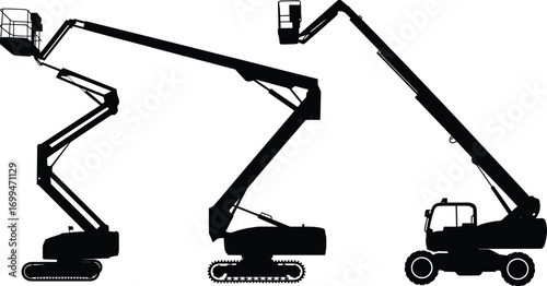 Tracked boom lift silhouettes, aerial work platform, cherry picker, telescopic boom lift, articulated arm, construction equipment, elevated basket, industrial machinery,