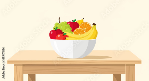 A vibrant illustration of a white bowl overflowing with various fresh fruits, placed on a wooden table.