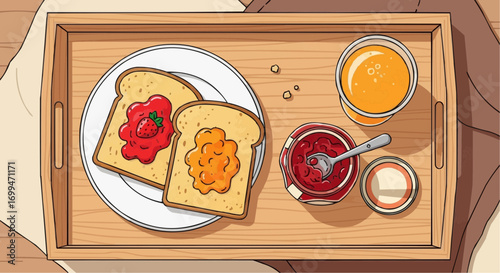 Wooden tray with breakfast items: toast, jam, and orange juice.