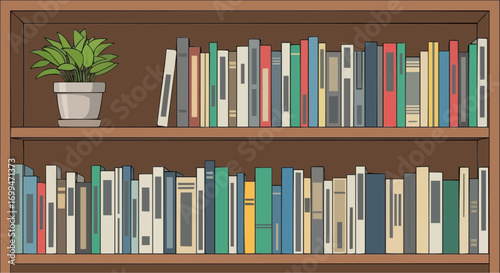 Wooden bookcase with various books and a plant.