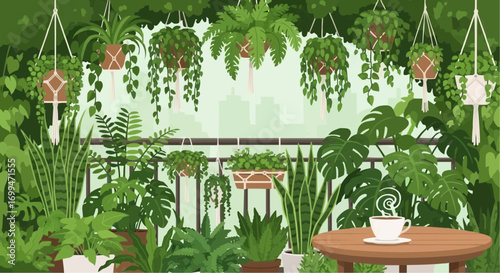 A lush balcony garden filled with various potted plants, hanging planters, and a small table with a cup of tea.