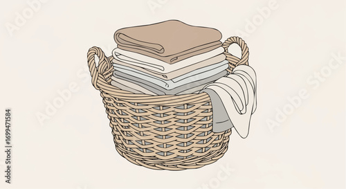 A wicker laundry basket overflowing with neatly folded clothes and towels.