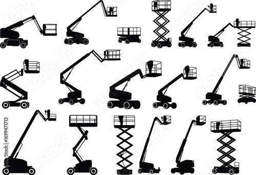 Aerial work platform silhouettes, boom lift, cherry picker, scissor lift, vertical mast lift, construction equipment, elevated basket, industrial machinery, maintenance worker, safety gear