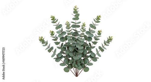 Multiple fresh eucalyptus branches fanned symmetrically on white, displaying vibrant green leaves for botanical decor and elegant designs