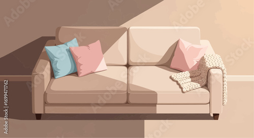 A minimalist illustration of a beige sofa with pink and blue pillows, bathed in warm sunlight from a window.