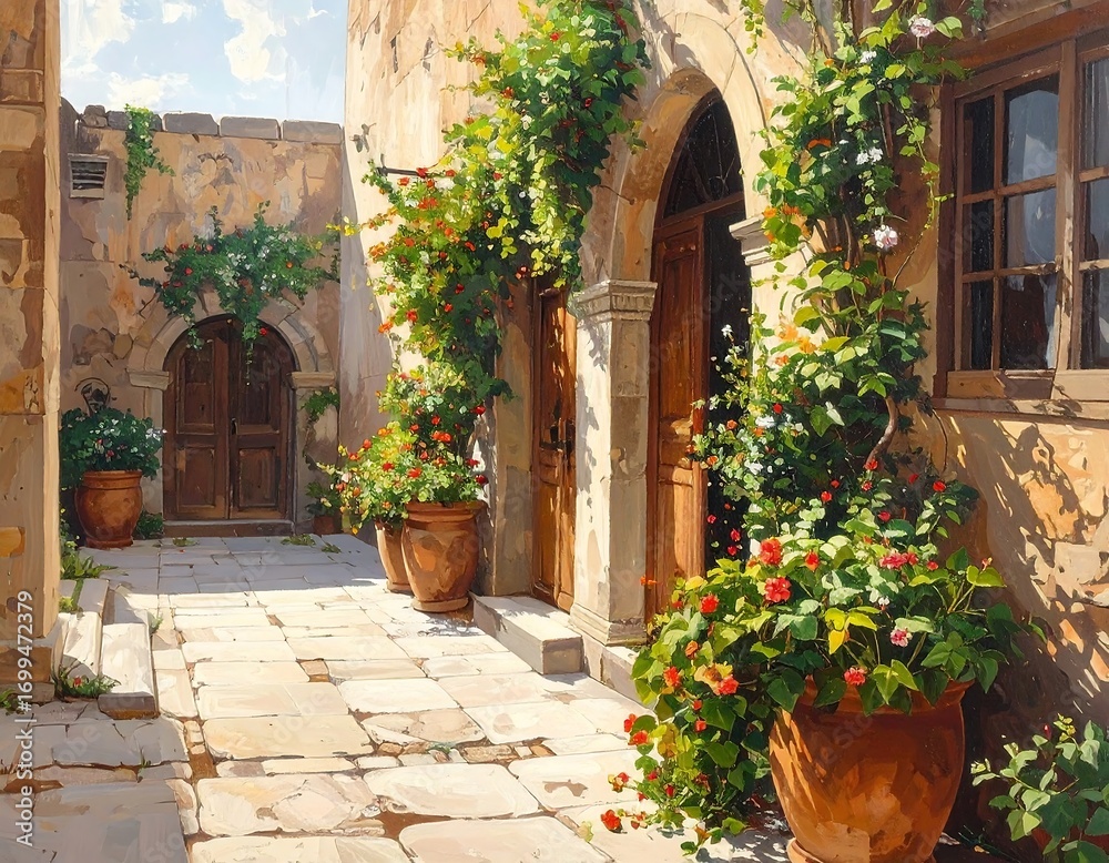 Fototapeta premium Charming Mediterranean Courtyard with Lush Greenery and Blooming Flowers