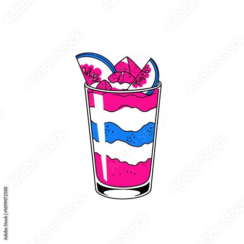 Layered parfait in tall glass with fruit slices, minimalist black and white line drawing, vector illustration with vibrant neon magenta fruit, white background