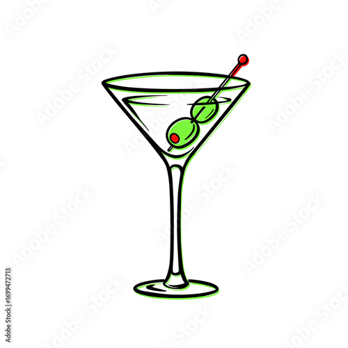 Martini glass with olive garnish, minimalist black and white line drawing, vector illustration with neon green accent, white background