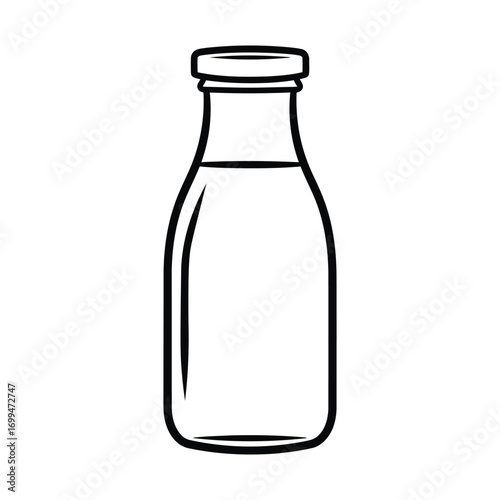 Simple outline of a glass milk bottle with a cap and liquid inside white background