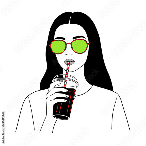 Girl sipping soda through striped straw with oversized sunglasses, minimalist black and white line drawing, vector illustration with neon red and lime green accents, white background