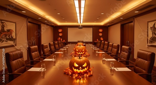 Corporate meeting room decorated for Halloween: long table with pumpkin centerpiece, orange LED lights, and spider webs on corners.