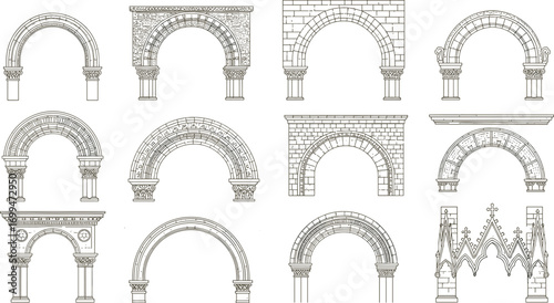 Architectural arches collection, vintage stone arches, classical design, decorative archways, historic architecture, detailed line art, ancient building elements