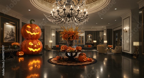 Luxury corporate lobby with elegant Halloween décor: giant pumpkin sculpture, black and gold theme, and chandelier with cobwebs.