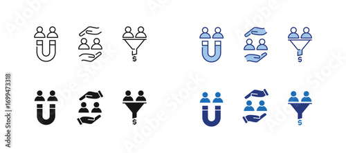 Lead Management icon set containing lead attracting, nurturing and converting in different style vector icons