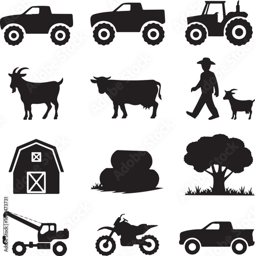 Farm and Vehicle Silhouette Icons Including Trucks Tractor Animals Barn and Tree pickup truck