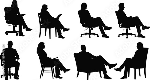Business people silhouette set showing men and women sitting on various chairs, working, reading, and relaxing in office vector.