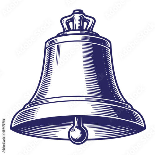Detailed engraved illustration of a large bell with crown decoration and classic ringing structure