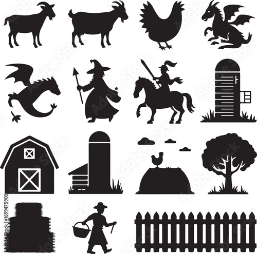 Farm Animals and Rural Life Silhouette Icons Set Keywords: goat, goats, chicken, hen, dragon