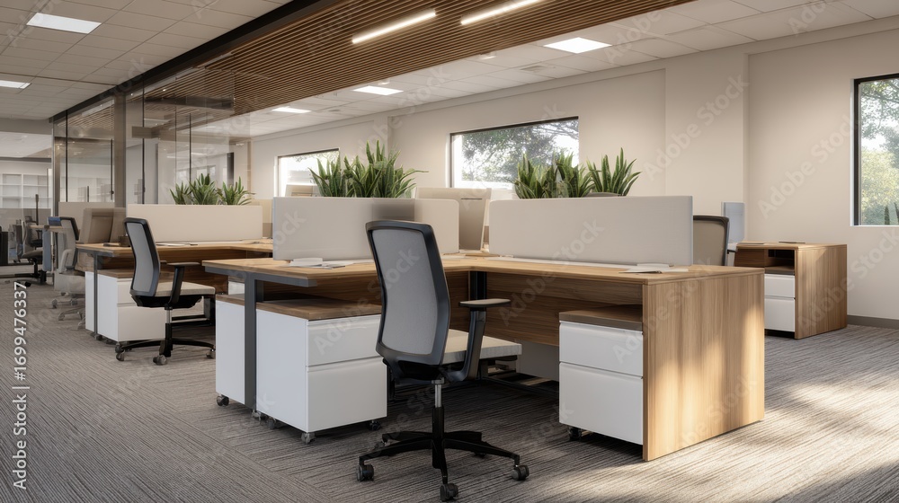Fototapeta premium Modern office workspace featuring wooden desks, ergonomic chairs, and green plants in a bright environment