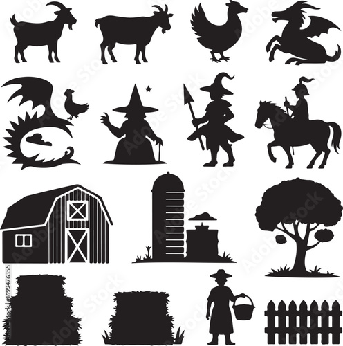 Farm animals mythical creatures and rural buildings silhouettes Keywords: goat, sheep, chicken