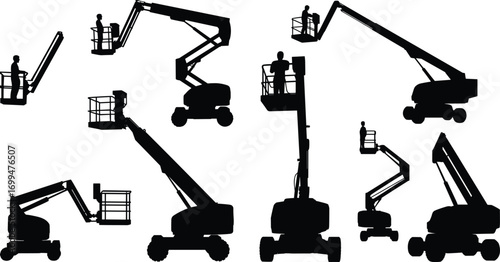 Aerial work platform silhouettes with workers, boom lift, cherry picker, articulating and telescopic lifts, construction maintenance equipment, height access, black white illustration
