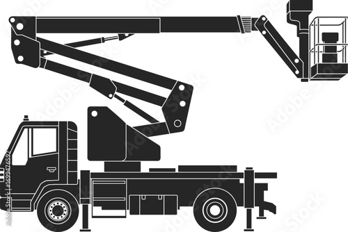Bucket truck silhouette, cherry picker aerial work platform, utility maintenance vehicle with hydraulic arm, construction equipment, height access, black white illustration