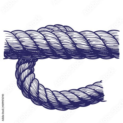 Detailed hand drawn blue rope illustration against white background for nautical designs