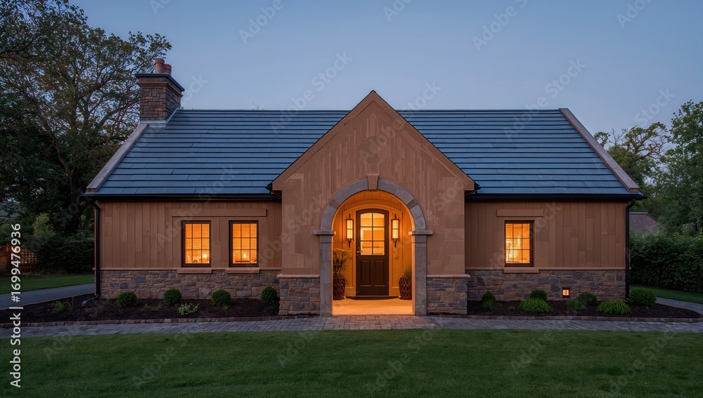 Obraz premium Charming cottage-style home illuminated at twilight with a warm inviting atmosphere surrounded by lush greenery