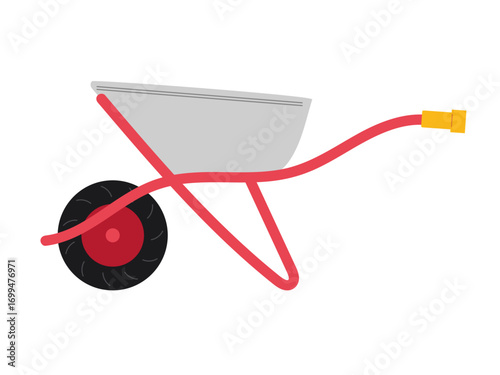 Wheelbarrow with a red handle and black wheel designed for gardening and construction tasks