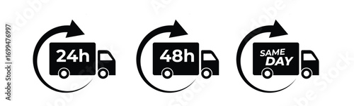 24h 48h Same Day Delivery Truck Icons – Fast Shipping, Courier Logistics Vector Set