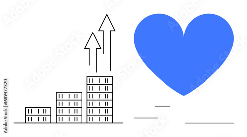 Bar chart with upward arrows signifies growth alongside a large blue heart representing care, quality, and impact. Ideal for business growth, positivity, impact, finance, charity, teamwork simple