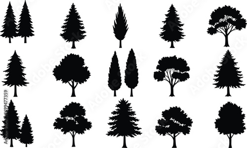 Collection of Tree Silhouettes Including Pine, Cypress, and Deciduous Trees for Landscape, Nature Design, Forest Art, and Decoration