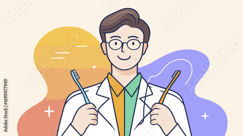 Friendly dentist holding toothbrush and dental floss