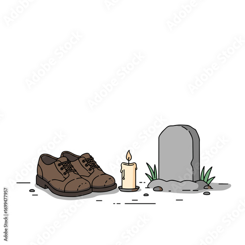 Candle between shoes near symbolic stone marker, flat vector illustration, quiet memory concept, calm and clean composition, white background, with copy space