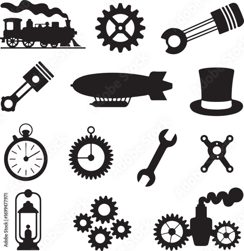 Steampunk Icons Silhouette Collection With Train Gears And Blimp Keywords: Steampunk, icon