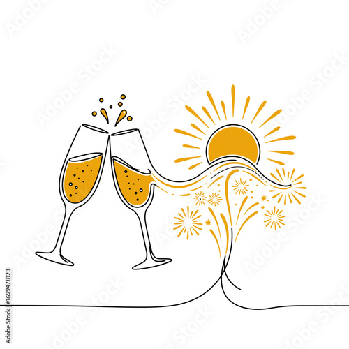 Clinking champagne glasses flowing into firework burst and rising sun, monoline vector illustration with golden yellow accents, symbolizing joy and hope, white background, with copy space