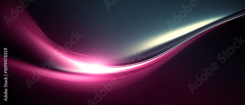 Abstract flowing waves of pink and purple light blend smoothly against a dark background, creating a dynamic and futuristic digital art composition