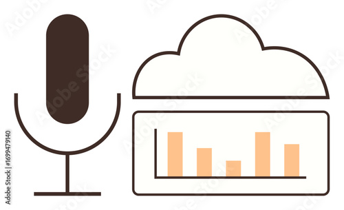 Microphone, cloud, and analytics chart representing voice data processing, cloud storage, and data visualization. Ideal for AI, machine learning, cloud computing, data analytics sound recording