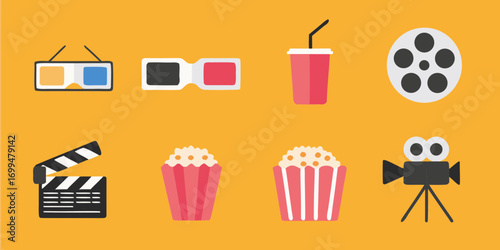 Collection of flat design movie icons on a yellow background