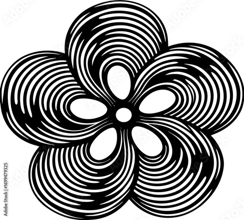 Abstract black and white flower design with swirling petals
