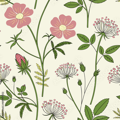 Seamless pattern of delicate pink flowers and green leaves in a charming botanical illustration style