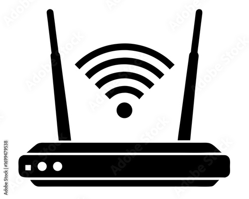 Black and white icon of a wireless router with wifi signal