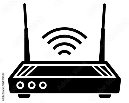 Black and white icon of a wireless router with antennas and wifi signal