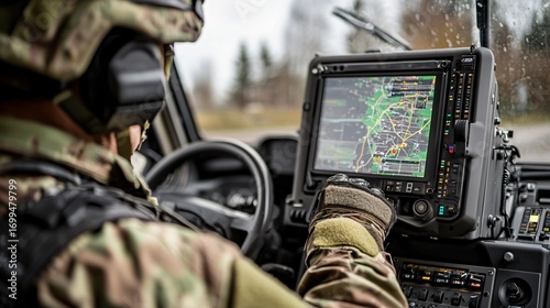 Medium shot of soldier operating control panel of modern air defence system inside command vehicle